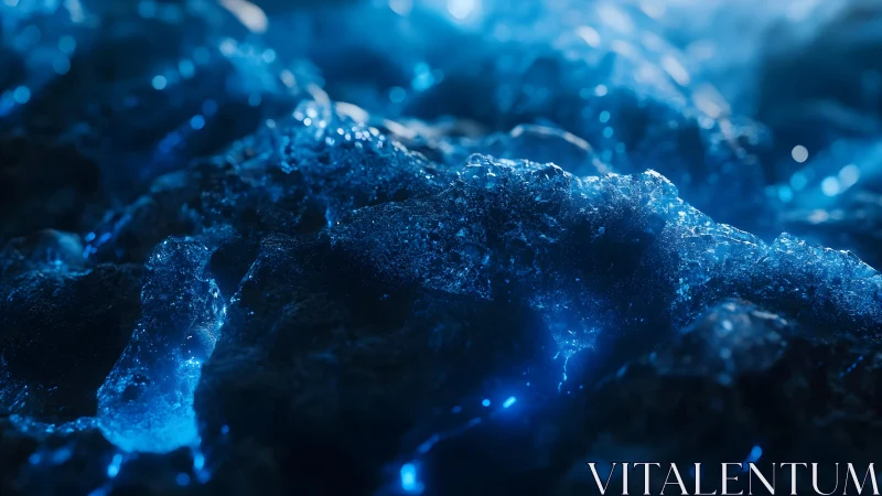 Close-up of glowing blue crystals in a dark, atmospheric style.