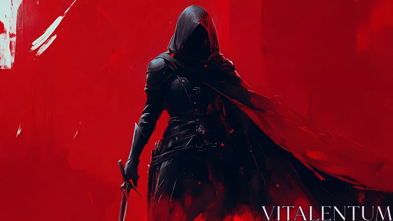 Shadowed assassin cloaked in crimson abstract storm.
