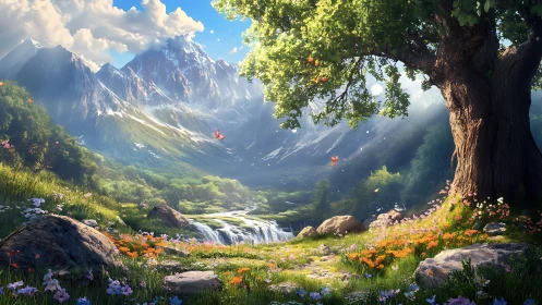 Digital painting of alpine meadow, waterfall, and old oak tree.