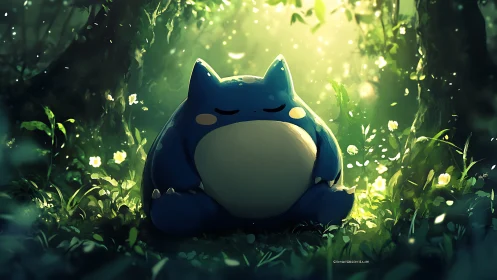 Blue creature resting in softly lit forest clearing.
