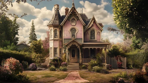 Storybook pink cottage wrapped in dreamy afternoon light.