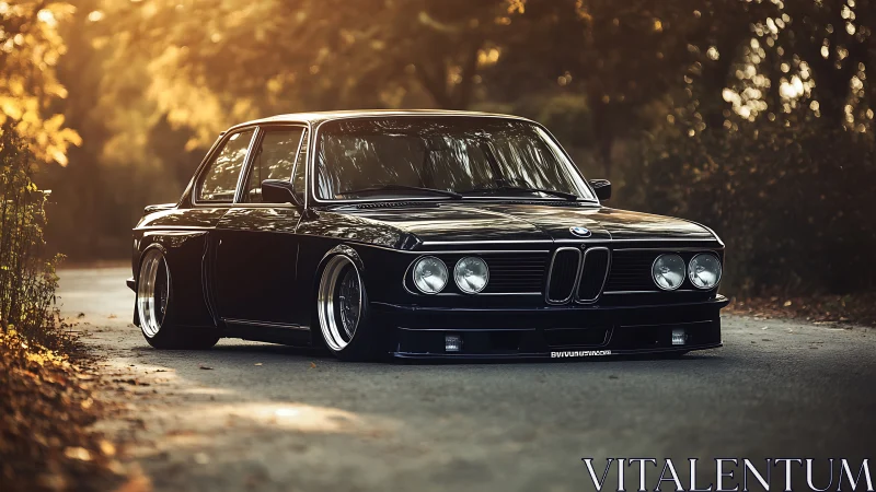 Stanced classic BMW sedan under warm golden hour bokeh glow.