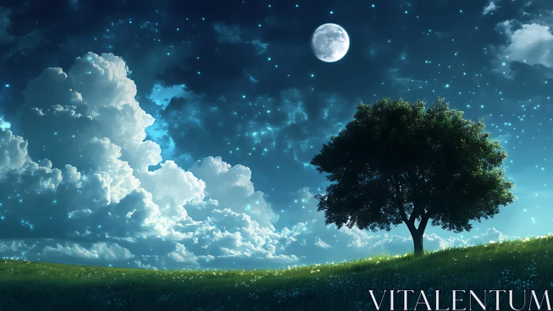 Moonlit tree stands against glowing clouds and starry night.