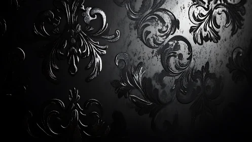 Glossy black baroque damask pattern on dark surface.