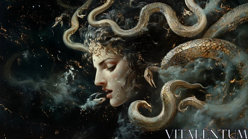 Serpents swirl around a dreaming goddess in starlit clouds