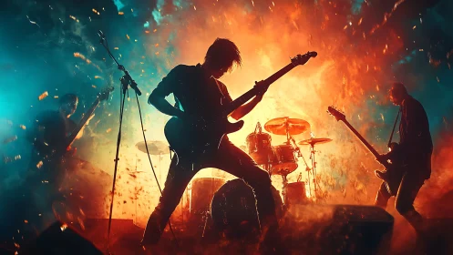 Backlit rock band silhouettes in dual-color pyro haze stage.