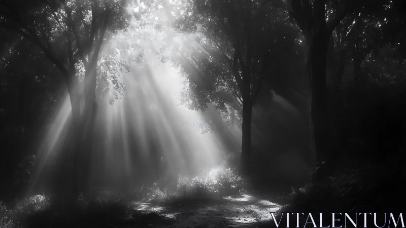 Silver sunbeams carve a quiet cathedral from forest fog.