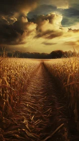 Storm-lit cornfield path beneath dense dramatic clouds.