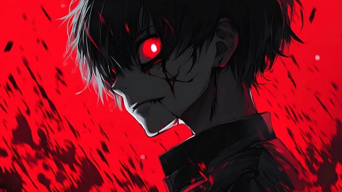 Crimson glare boy slicing through a storm of shadowed rage.