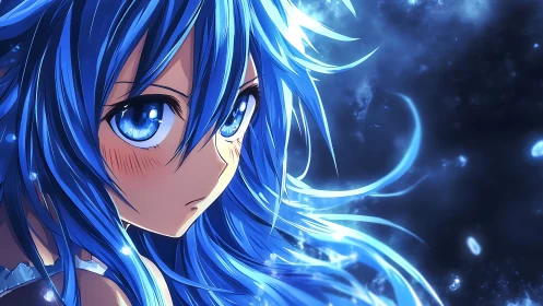 Blue-haired anime girl glows against swirling cosmic night.