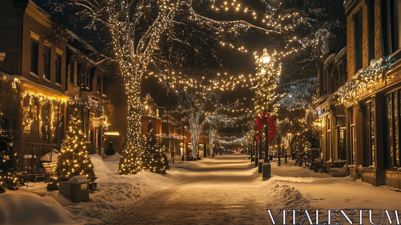Snow-draped winter lane humming beneath golden holiday lights.