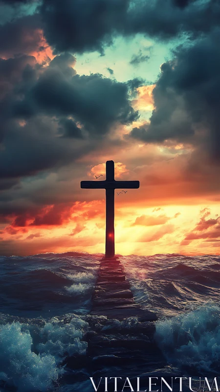 Stormy sea path leads gently toward a glowing sunset cross