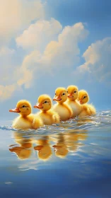Golden ducklings glide in bright sunlight on calm water.