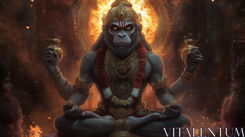 Radiant monkey deity sits in glowing temple firelight