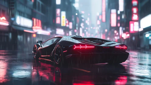 Low supercar rear view dominates wet neon city street