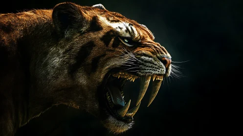 Saber-toothed tiger roars in shadowy dramatic profile.