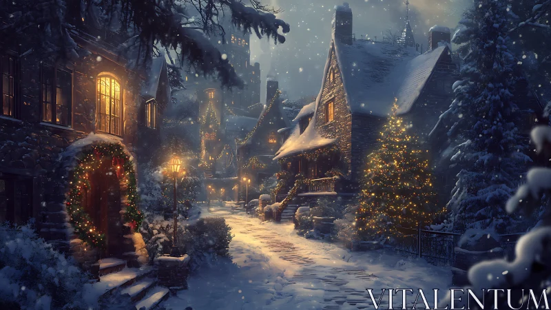 Snowy Christmas village street glows with warm lantern light.