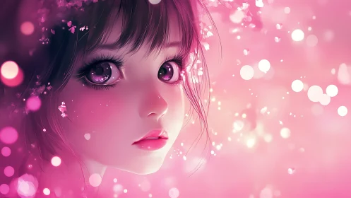 Anime portrait in luminous pink bokeh depth-of-field study.