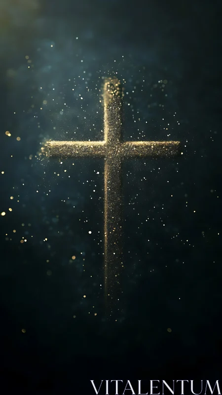 Golden cross made of glowing dust on dark background.