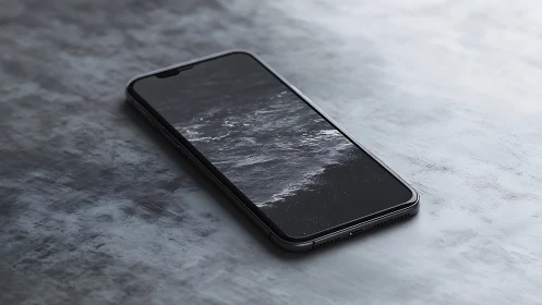 Black smartphone rests on textured concrete surface.