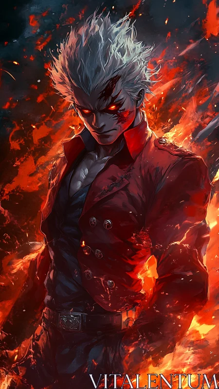 White haired humanoid figure in red coat amid intense flames.