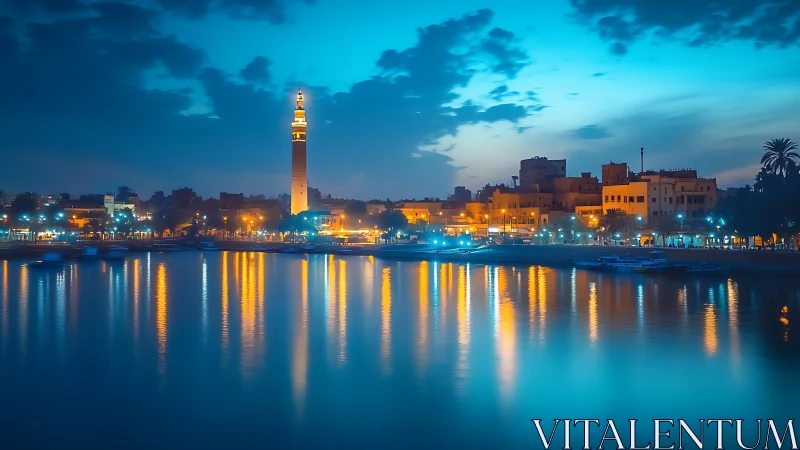 Golden waterfront lights glow gently against deep blue dusk