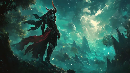 Armored dark knight overlooks stormlit emerald fantasy valley.