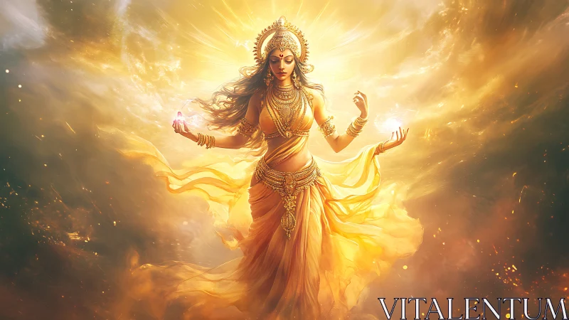 Radiant goddess in golden aura commands celestial energy.