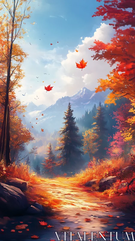 Sunlit autumn forest path leads toward distant snowy peaks