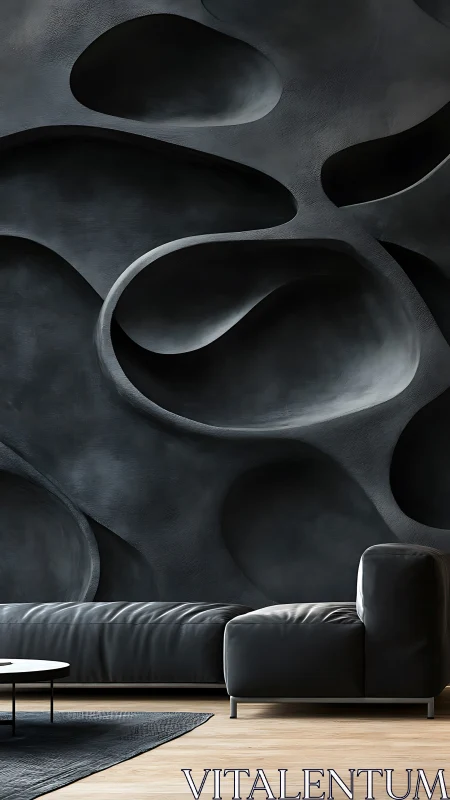 Dark sculpted wall behind black leather sofa in lounge.