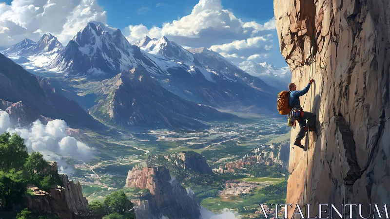 Technical alpine rock ascent over hyper-detailed valley vista.