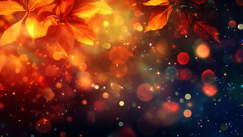 Glowing autumn leaves drifting over a dreamy starry haze.