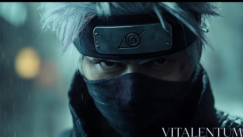 Masked ninja warrior glares through rain-soaked twilight streets.