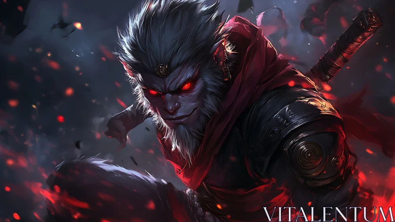 Demonic simian warrior lunges through embers in dynamic profile