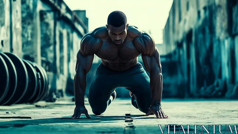 Focused urban workout warmup in a gritty alleyway setting.