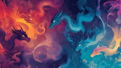 Elemental Celestial Dragons Weaving Fire And Storms Together.