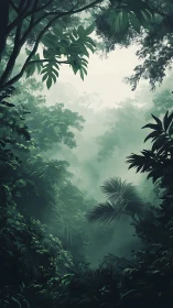 Misty tropical forest canopy with layered vegetation and filtered light