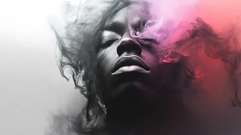 Surreal portrait dissolving into monochrome and magenta vapor