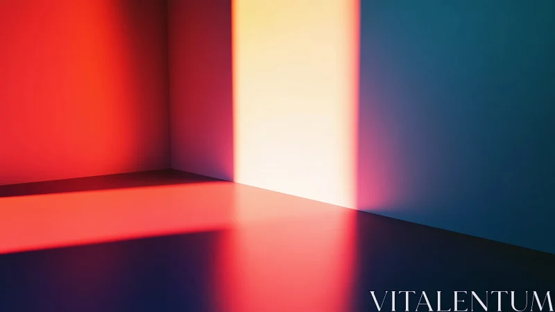 Minimalist room with bold red blue gradient light beam.