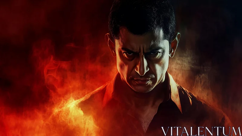 Intense male portrait framed by vivid red-orange flames.