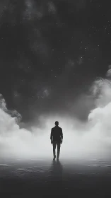 Solitary human silhouette on reflective surface under starfield.