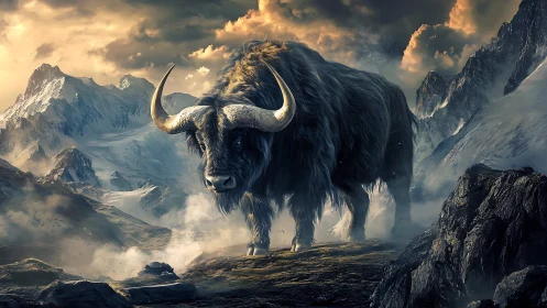 Gigantic horned yak dominates stormy alpine mountain pass