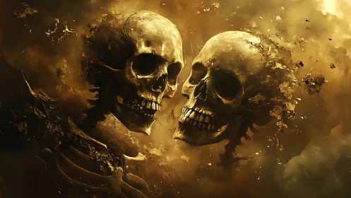Twin skeletal visages drift through swirling golden dust.