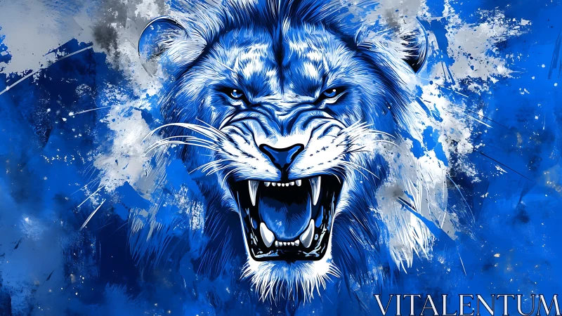 Cobalt roar: electric lion bursting through paintstorm.