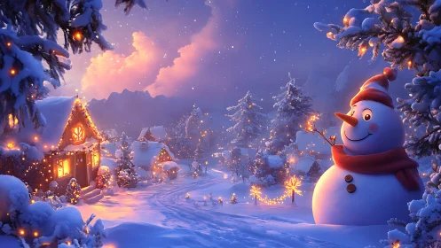 Digital painting of cozy winter village with smiling snowman.