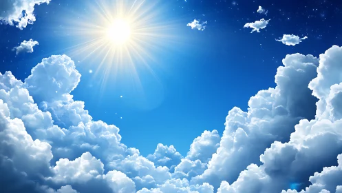 Sunlit cumulus cloudscape under clear deep blue sky.