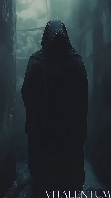 Hooded shadow glides through a fog-slick midnight corridor