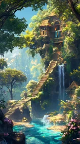 Cliffside jungle temple above bright turquoise river.