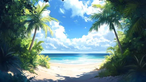Tropical Beach Paradise: Palm-Framed Coastal Vista.