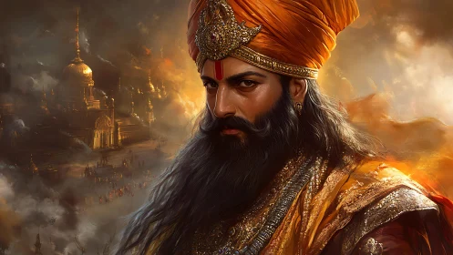 Regal turbaned commander amid incendiary temple skyline.